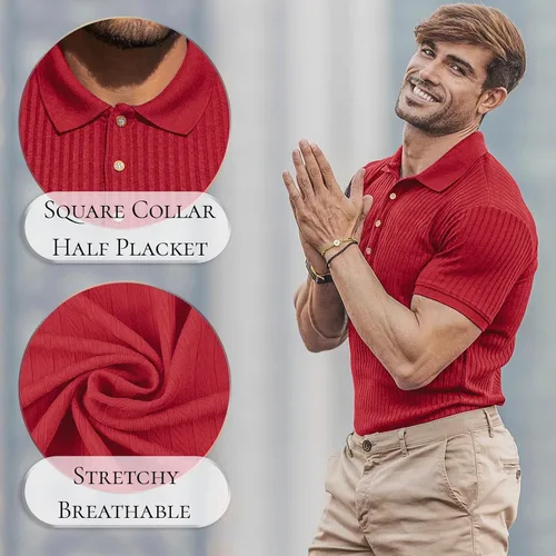 Vista 3 de Camisas polo musculares para hombre, manga corta, ajustadas, camisetas de golf para hombre, camisetas casuales de ajuste seco, camisas de bolos