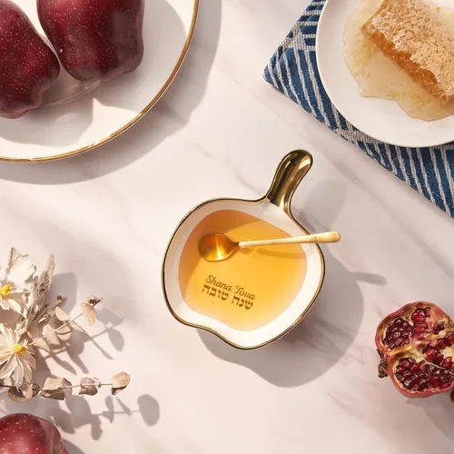 Vista 6 de Rosh Hashanah - Juego de platos de miel en forma de manzana dorados, regalos de fiesta de anfitriona judía de Año Nuevo, accesorios de cocina