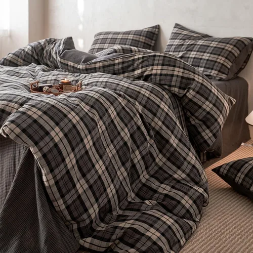 Vista 36 de VM VOUGEMARKET - Juego de funda de edredón a cuadros de tamaño individual XL, ropa de cama de color verde, gris y naranja, algodón lavado, con 2