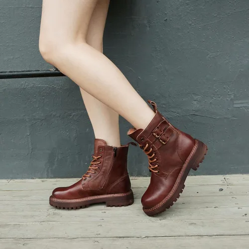 Vista 6 de Botines de cuero para mujer, con cordones, tacón bajo