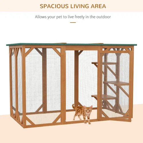 Vista 6 de PawHut Casa para gatos al aire libre, refugio de madera para gatos Catio, jaula para gatos con plataformas, puerta de entrada grande, techo