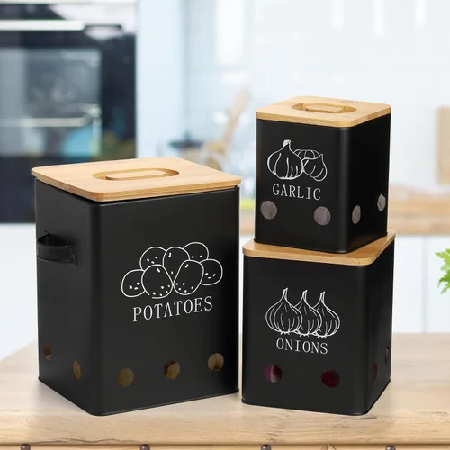 Vista 6 de WUWEOT Paquete de 3 latas de almacenamiento de verduras, botes de almacenamiento de patatas cebollas y ajos, organizador de verduras frescas