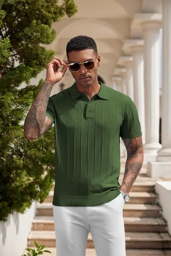 Vista 7 de COOFANDY Camisas polo de punto para hombre de manga corta con textura acanalada Camisas de golf casuales y ligeras con cuello Camiseta de polo