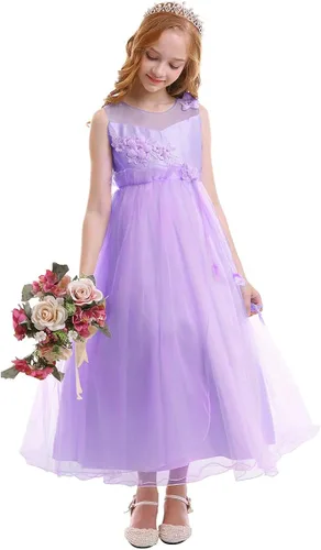 Vista 4 de Vestido maxi de tul para niñas con tutú y flores de encaje, largo hasta el piso, para boda, dama de honor, fiestas