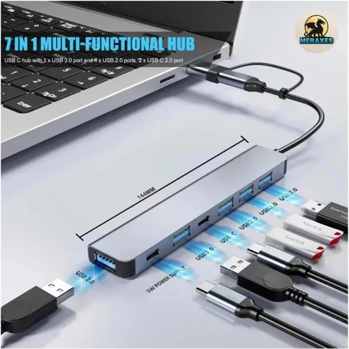Vista 2 de MERAXES Hub USB-C y USB 7 en 1, adaptador multipuerto de aluminio con puertos USB-C, USB 3.0 y USB 2.0, estación de acoplamiento múltiple USB