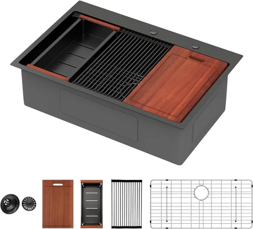 Vista 37 de Sarlai - Fregadero de cocina de cascada de 31 pulgadas, de montaje superior - 31x20 Fregadero de cocina con borde y estación de trabajo, de acero