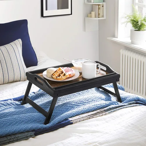 Vista 3 de SONGMICS Mesa de cama con patas plegables de bambú, bandeja de desayuno para sofá, bandeja de servir con ranura para tableta de teléfono, marrón