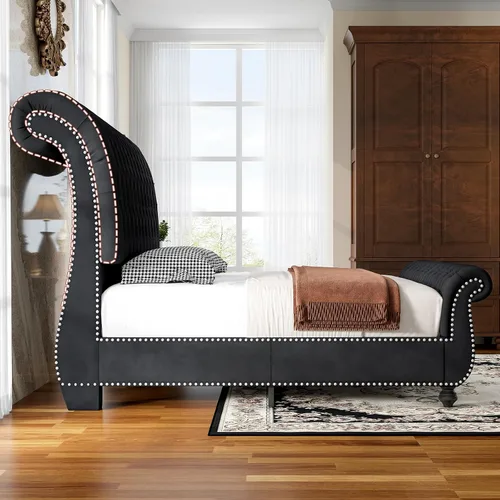 Vista 7 de Jocisland - Base de cama estilo carruaje tamaño Queen, cama de plataforma tapizada en terciopelo con cabecero y pie de cama con estampado de scroll