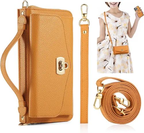 Vista 10 de Funda tipo cartera cruzada para iPhone 16 Pro de 6.3", funda magnética desmontable de piel sintética floral con tarjetero con bloqueo RFID, pulsera