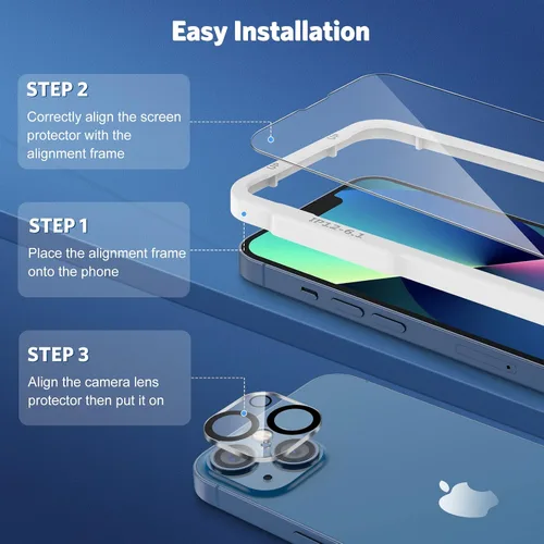 Vista 2 de OMOTON Protector de pantalla y protector de lente de cámara para iPhone 13 con ayuda de instalación de marco
