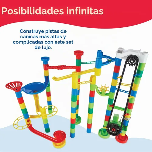 Vista 2 de MindWare Marble Run - Juego de construcción de 110 piezas con 82 piezas de pista, 15 canicas y elevador motorizado