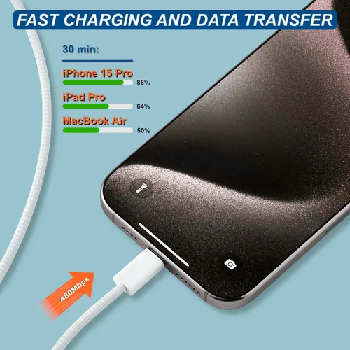 Vista 4 de Cargador de pared USB C delgado de 18 W y 2 en 1 para cable USB C de Apple (3.3 pies/60 W), cable USB C trenzado para CarPlay, Android Auto, iPhone
