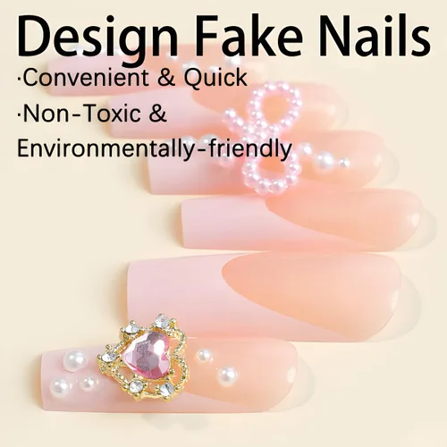 Vista 3 de Uñas postizas francesas a presión con forma de ataúd rosa estrella, diamantes de imitación, diseño brillante, cobertura completa, uñas acrílicas, 24