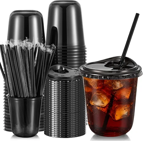 Vista 12 de Ziliny Paquete de 50 vasos de plástico transparente negro de 12 onzas con tapas y popotes, vasos desechables para mascotas, taza de café helado