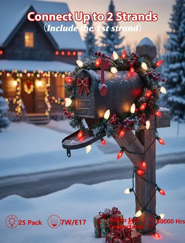 Vista 3 de Luces de Navidad C9 rojas y blancas de 25 pies, cadena de luces de Navidad C9 impermeables con 26 bombillas rojas y blancas, luces de Navidad