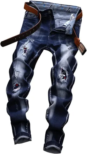 Vista 8 de NC Pantalones vaqueros para hombre rasgados pantalones de mezclilla rectos Slim Fit Regular Distressed Comfort Flex