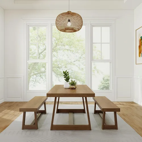 Vista 2 de Plank+Beam Juego de mesa de comedor de madera clásica, mesa de comedor de madera maciza con 2 bancos para comedor/cocina, cepillo de alambre de nuez