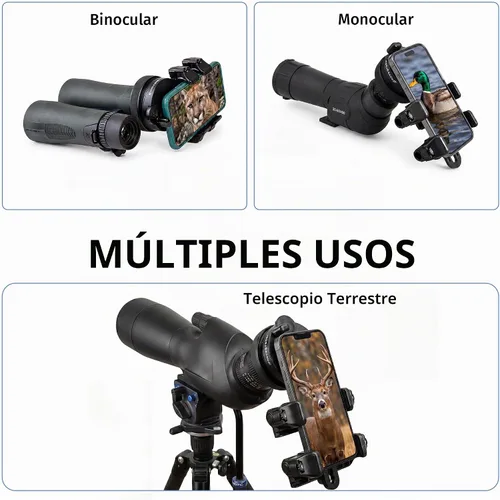 Vista 2 de El adaptador universal para digiscoping de doble agarre conecta todos los teléfonos inteligentes a prismáticos, telescopios de visión, telescopios