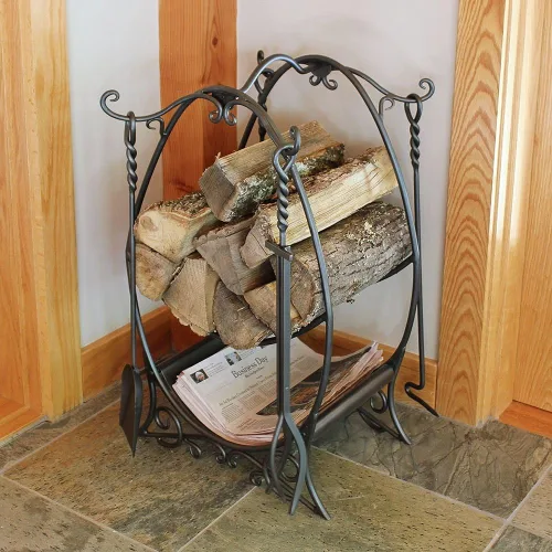 Vista 4 de Minuteman International Soporte para leña de madera de cabaña con herramientas para chimenea, grafito