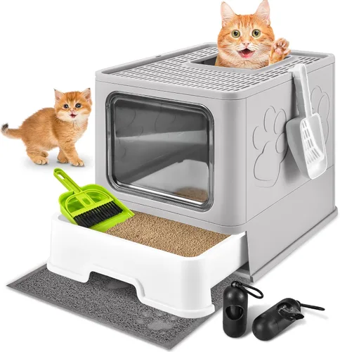 Vista 12 de Caja de arena cubierta para gatos con alfombrilla de arena, plegable, extra grande, puerta ajustable de doble entrada, diseño de cajón, caja de Azul