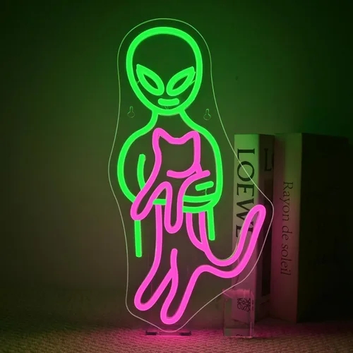 Vista 10 de Ineonlife Letreros de neón de alienígena verde, divertidos letreros de neón de gato alienígena para cueva de hombres, luz LED, decoración de arte