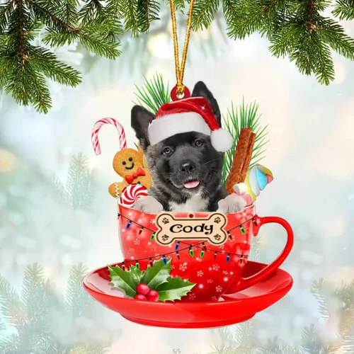 Vista 4 de NAZENTI Adorno personalizado de Alaskan Malamute en taza roja, adorno de Navidad personalizado para perros amantes de las mascotas, colgante