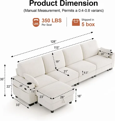 Vista 2 de Vipbear Sofá modular seccional, 128" en forma de L cómodo sofá de chenilla Marfil