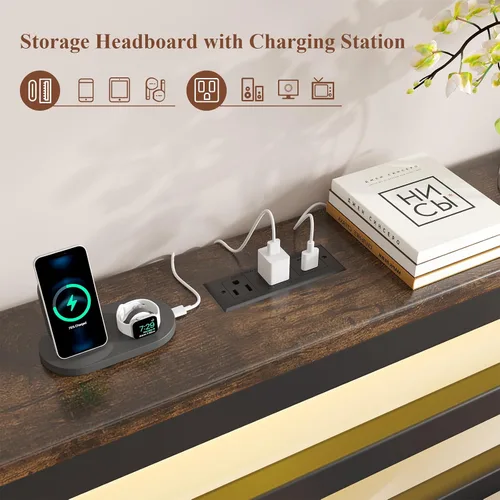 Vista 4 de E-Motie Marco de cama tamaño doble con cabecera de almacenamiento, plataforma industrial con estación de carga y luces LED, espacio