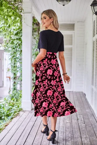Vista 4 de Vestido largo de manga corta con cuello en V para mujer, con volantes, dobladillo dividido, bohemio, estampado floral, cintura con lazo