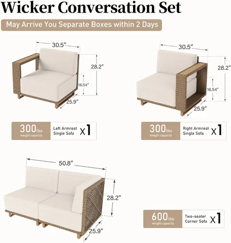 Vista 6 de 4 muebles de patio en forma de L, seccionales al aire libre con cojín de 10 Beige-seccional