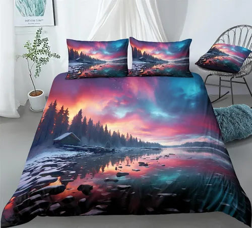 Vista 7 de REALIN Hawthorn Bedding - Juego de funda de edredón 3D, juego de cama de bosque japonés y río de montaña de 2/3/4 piezas, fundas de edredón
