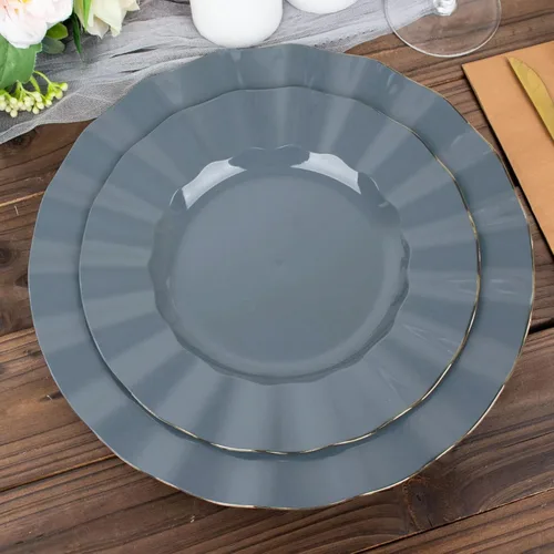 Vista 172 de Tableclothsfactory Paquete de 10 platos redondos de plástico negro de 6 pulgadas para ensalada de postre, platos desechables con borde ondulado