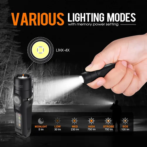 Vista 3 de S15Pro - Linterna de llavero recargable (negro y verde) de 750 lúmenes altos, linterna de bolsillo EDC con clip, mini luz COB multifunción
