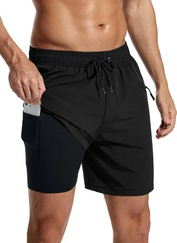 Vista 2 de SILKWORLD Mens Swimming Trunks with Compression Liner Bathing Suit Quick-Dry Swim Shorts with Zipper Side Pockets