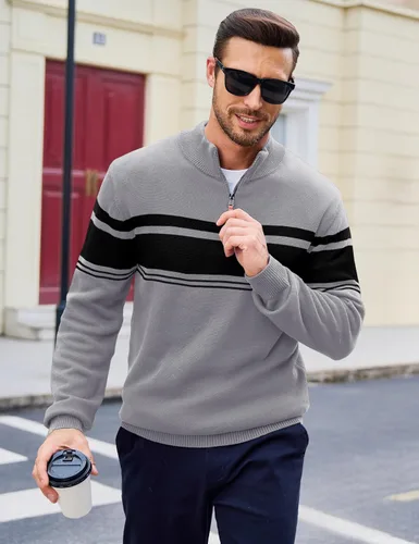 Vista 44 de MAGCOMSEN Suéteres de algodón con cremallera de 1/4 para hombre, suéter tipo polo, a rayas, para otoño e invierno, sudaderas cálidas