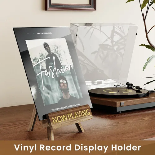 Vista 2 de NiHome Now Playing - Soporte para discos de vinilo de madera retro, elegante soporte de vinilo para decoración del hogar, organizador multifuncional