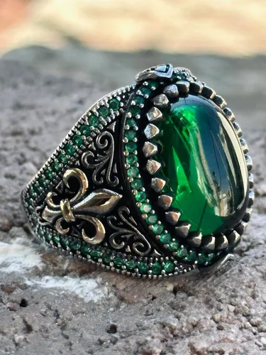 Vista 5 de Silver Handmade Ring, Emerald Stone Ring, Silver Green Zircon Stone Ring, Engraved Silver Ring, Ottoman Style Ring, Gift For Him