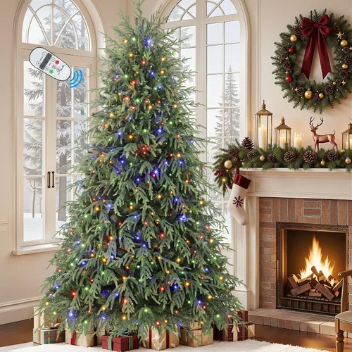 Vista 5 de SHareconn Árbol de Navidad artificial de pino Norfolk preiluminado de 4 pies con bisagras y control remoto, 450 luces LED multicolores preiluminadas