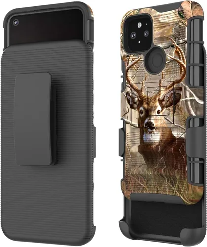 Vista 5 de Funda para Google Pixel 5 con protector de pantalla de vidrio templado, resistente a prueba de golpes, funda para cinturón, soporte (ciervo)