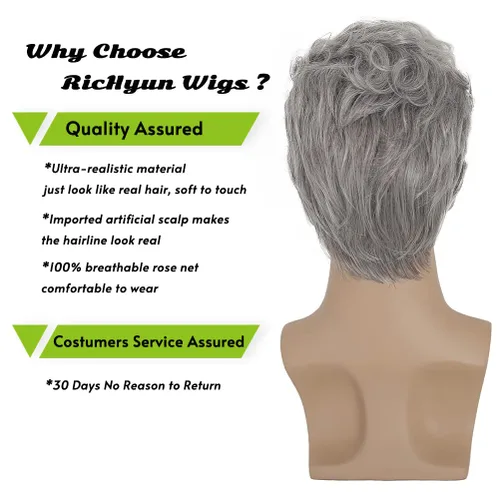 Vista 4 de Peluca gris corta para hombre, peluca sintética resistente al calor, para Halloween, cosplay, peluca de pelo