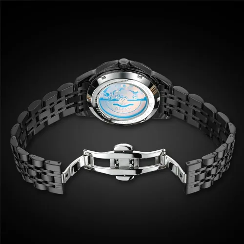 Vista 7 de OLEVS Reloj de pulsera automático con diseño de esqueleto para hombre, de lujo, con diamantes de lujo, de acero inoxidable, calendario, reloj