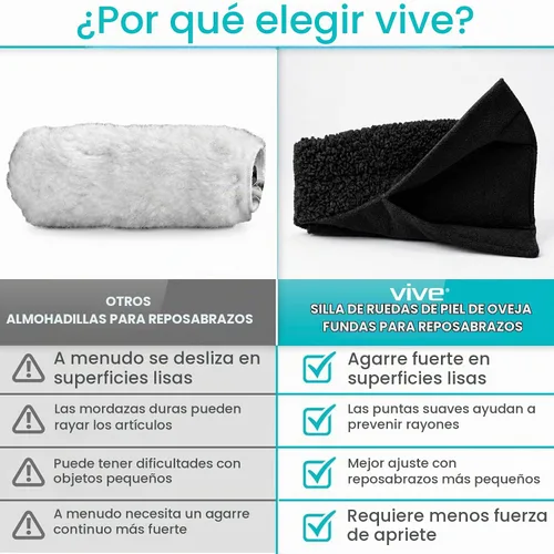 Vista 8 de Cubiertas para apoyabrazos de silla de ruedas Vive (par) - Almohadillas de espuma viscoelástica y piel de oveja para apoyabrazos de silla de ruedas