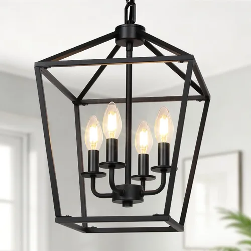 Vista 8 de Lámpara de araña de granja de 4 luces, lámpara de techo rústica tipo linterna con jaula de metal pintado de madera y cadena ajustable, luminaria