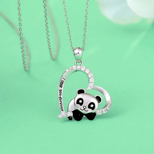 Vista 2 de ACJNA 925 Sterling Silver Panda Bear Necklace Bamboo Heart Pendant Engraved I love You Forever Women Jewelry