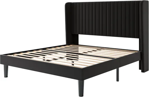 Vista 9 de SHA CERLIN Base de cama de terciopelo de tamaño matrimonial con cabecera capitoné de canal vertical, plataforma tapizada con listones de madera,