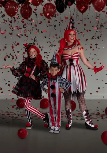 Vista 3 de Disfraz de payaso de circo siniestro para mujer, disfraz de payaso aterrador rojo, vestido de payaso aterrador