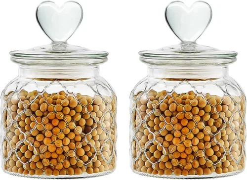 Vista 3 de Recipiente de vidrio transparente de 22 onzas con bonitas tapas en forma de corazón, tarros de vidrio para almacenamiento de alimentos con tapas