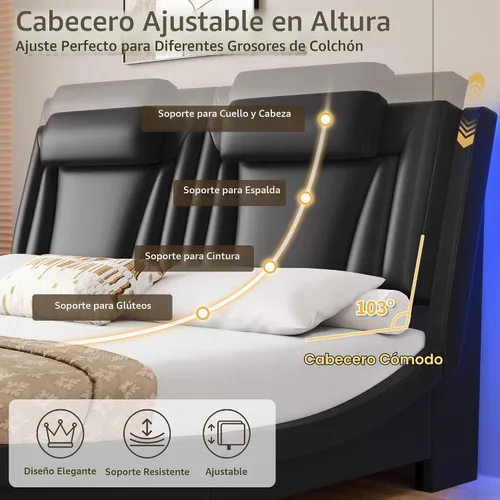 Vista 5 de Keyluv Armazón de cama moderno tapizado con plataforma con cabecera LED ajustable y diseño de curva ondulada y soporte de listones de madera sólida