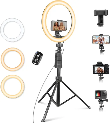 Vista 9 de EICAUS Anillo de luz de 10 pulgadas con soporte y soporte para teléfono, trípode para teléfono celular con luz de anillo y soporte para teléfono