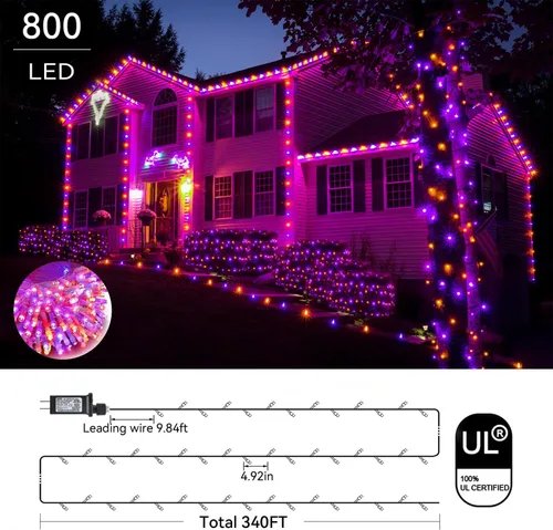 Vista 4 de Tira de luces de Halloween moradas y naranjas, 800 LED, 330 pies, 8 modos, temporizador, impermeable, para enchufar, para interiores y exteriores
